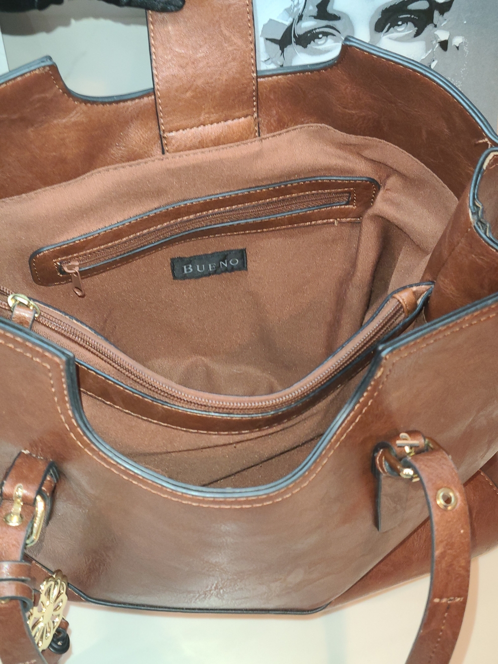 Bueno Brown Leather Tote with Tassel Charm - Picture 7 of 15